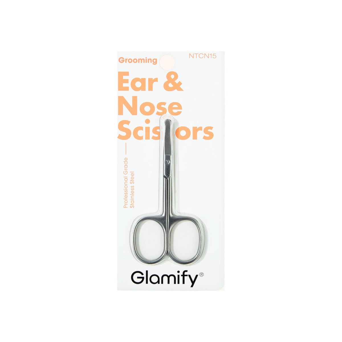 Glamify stainless steel ear and nose scissors in retail package, model NTCN15