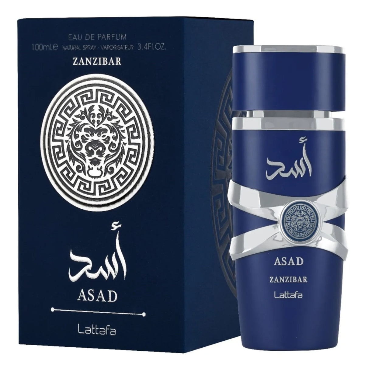 Lattafa Asad Zanzibar Eau de Parfum for Men 3.4 oz 100 mL bottle and box