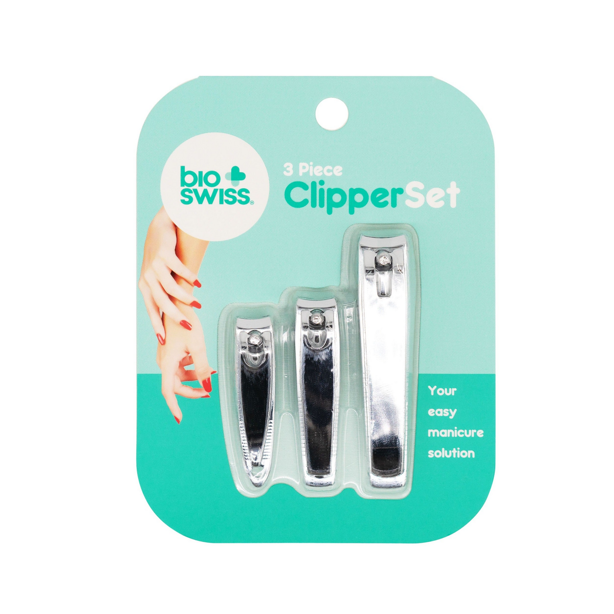 BioSwiss 3-piece nail clipper set in aqua packaging, item 1504B