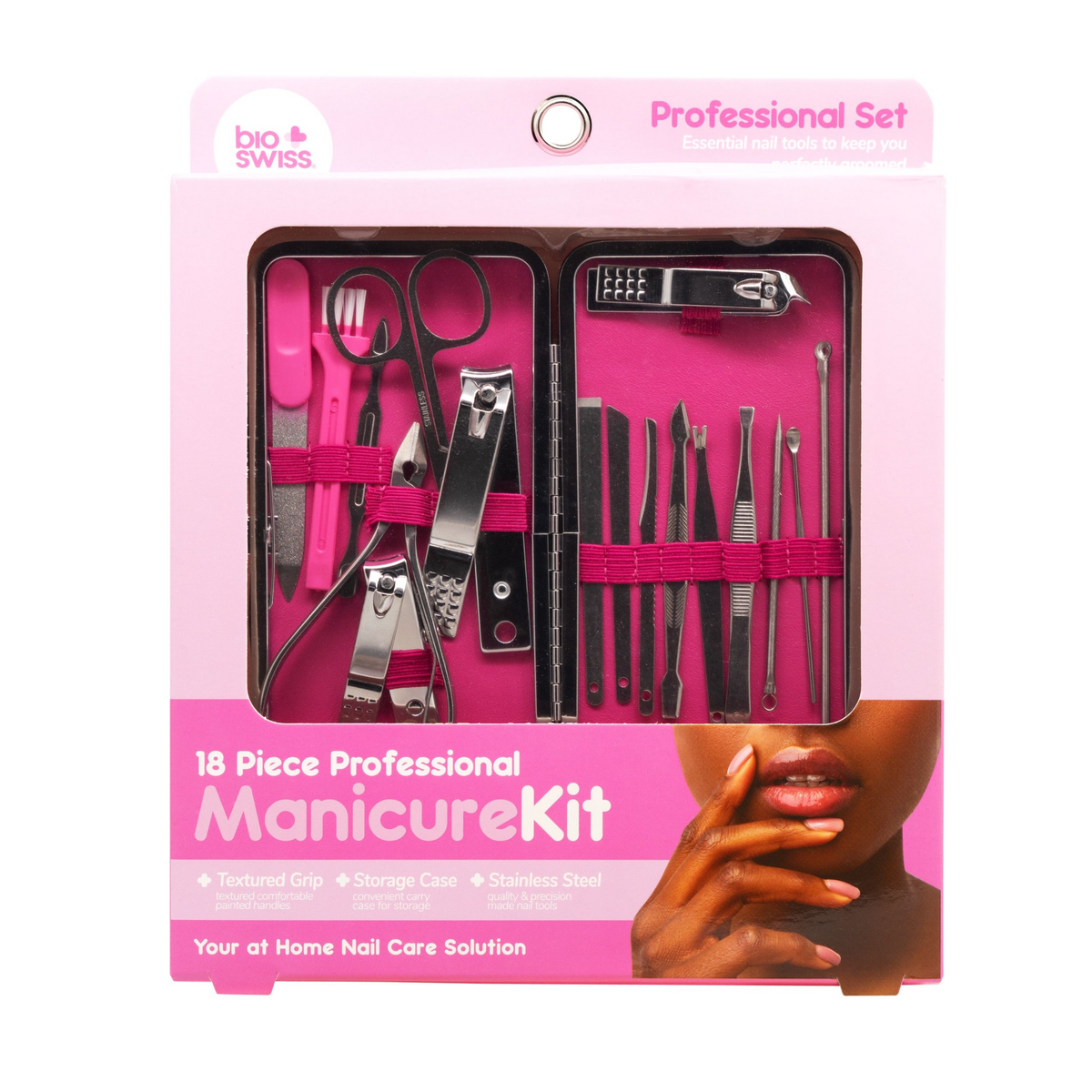BioSwiss 18-piece professional manicure kit in pink, item 3029P