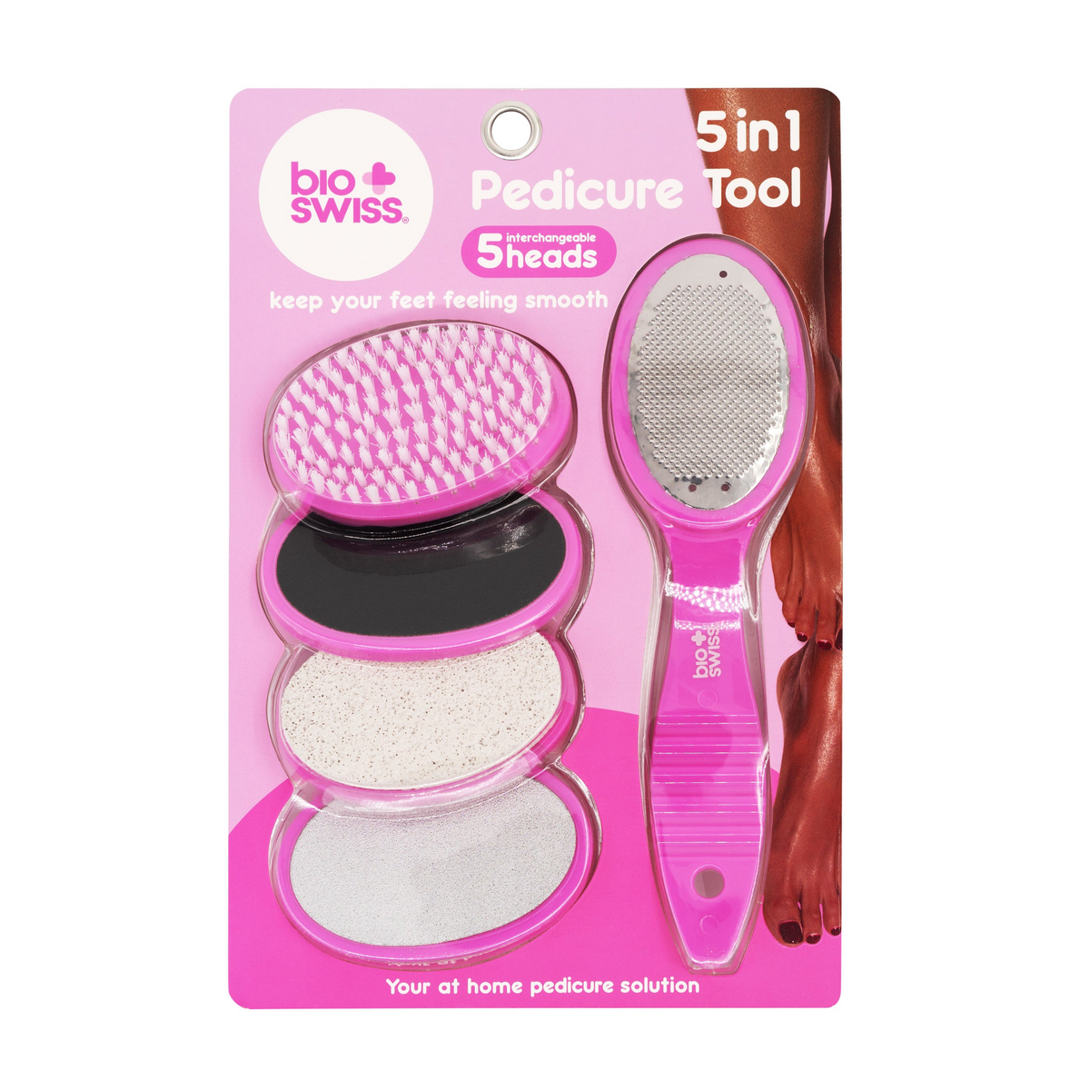 BioSwiss 5-in-1 pedicure tool with interchangeable heads in pink, item 3305P