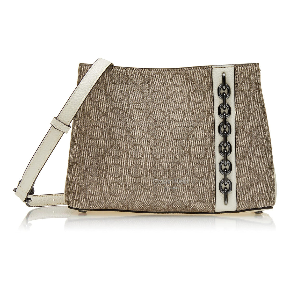 Calvin Klein Adeline triple-compartment crossbody in Almond/Taupe/Cherub White, style H2JEJND3
