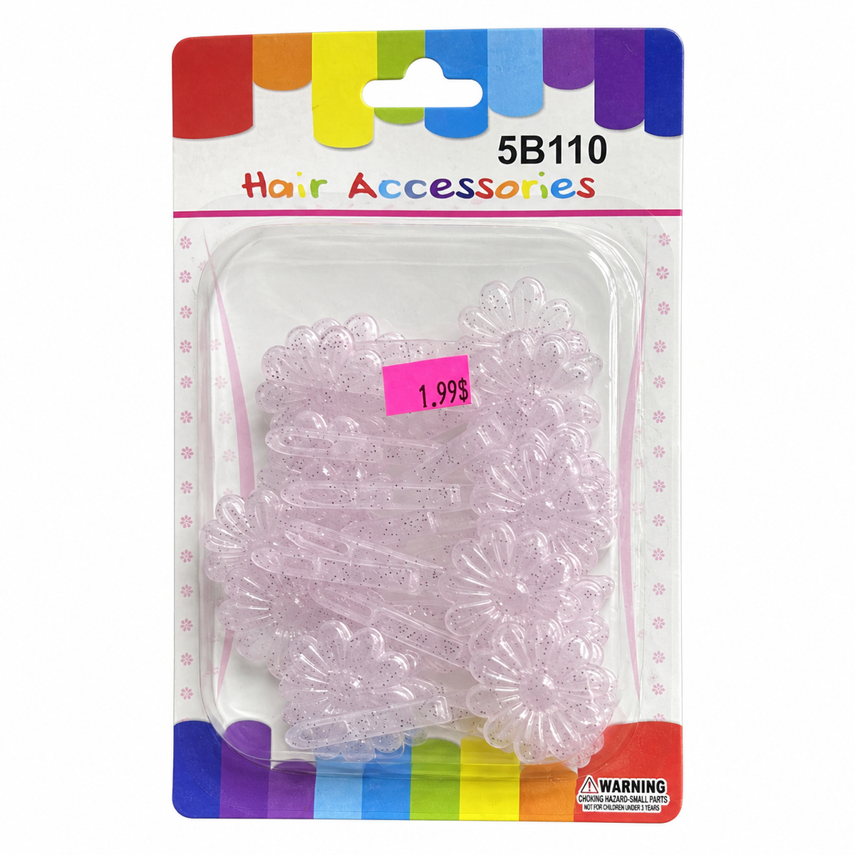 Pale pink glitter flower barrettes in 5B110 retail package