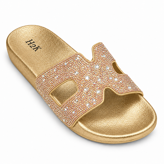 H2K Alpha rhinestone H slide sandal in Gold