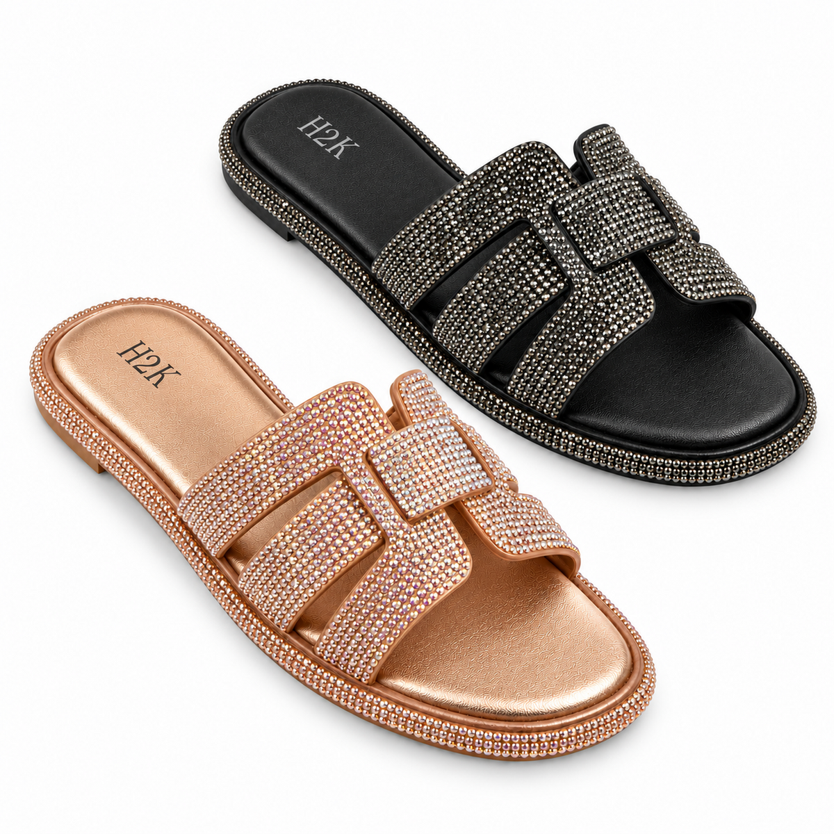 H2K Flex rhinestone slide sandals in Black and Rose Gold