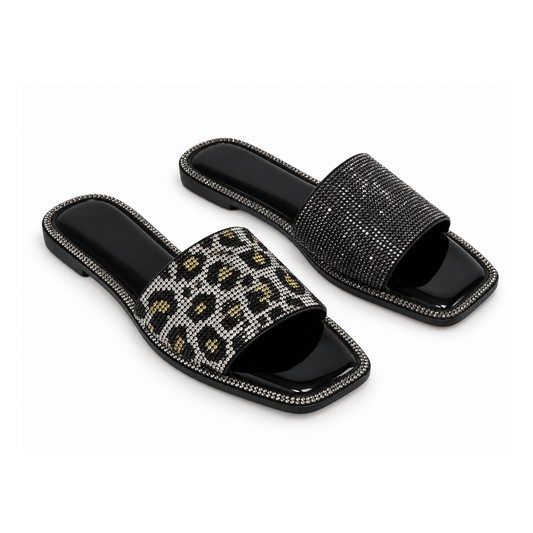 H2K Summer rhinestone slide sandals in Black and Leopard