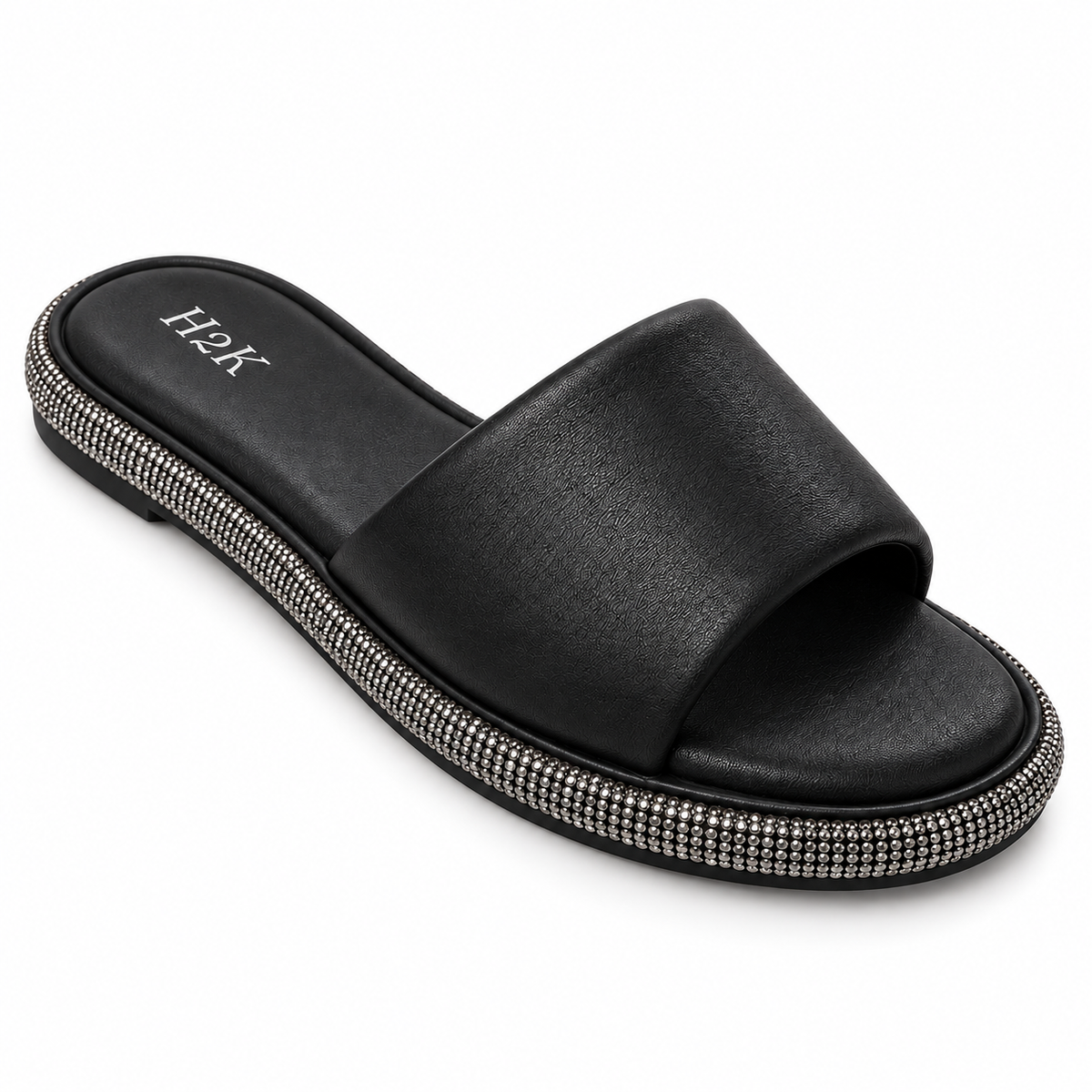 H2K Swan II Black sandal - padded strap and rhinestone detail