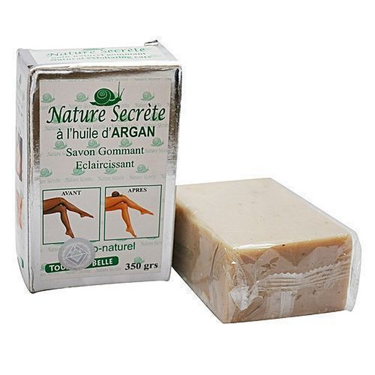 Nature Secrete argan exfoliating soap 350 g box and bar, front view