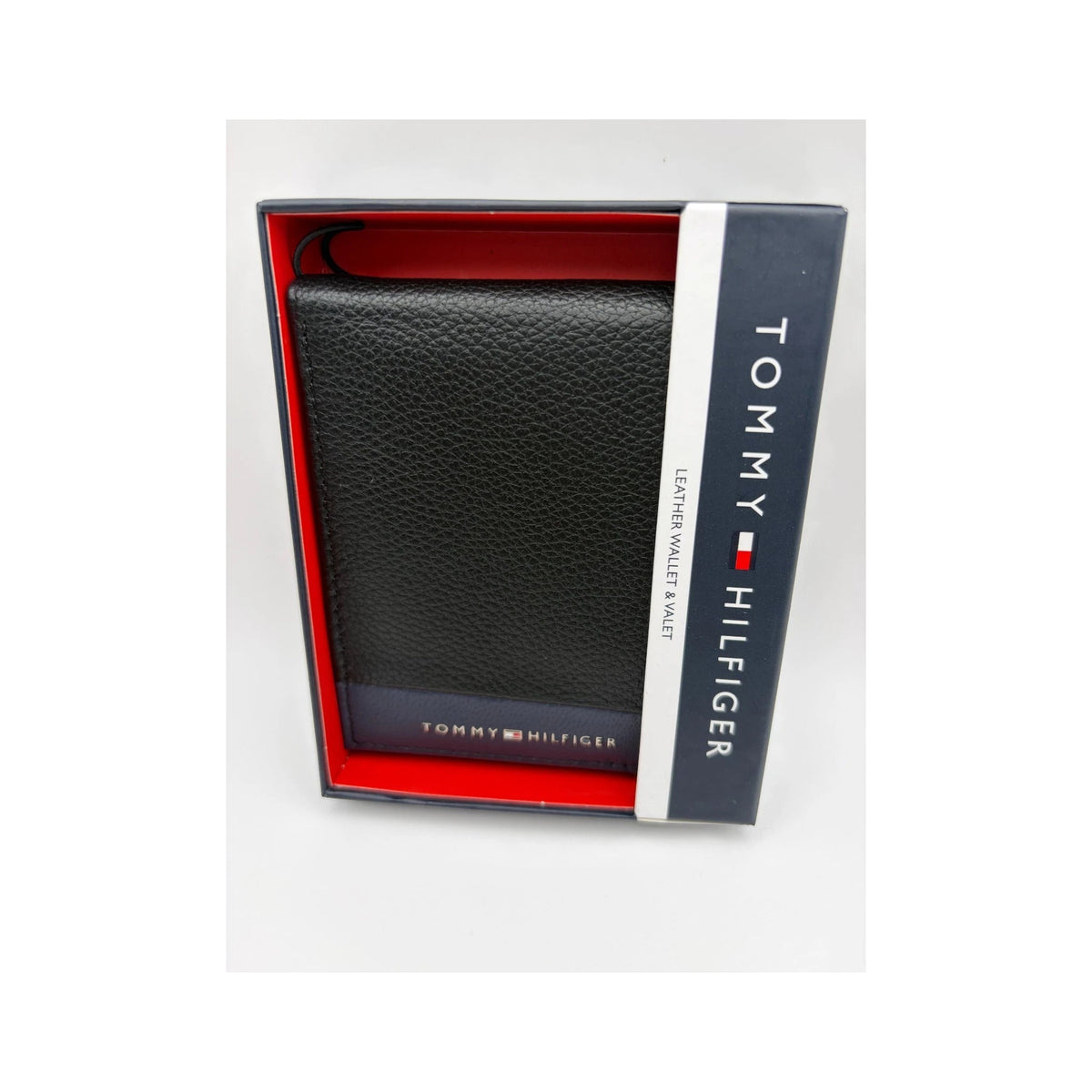 Tommy Hilfiger men's black and navy leather RFID bifold wallet, style 31HP220136, in gift box