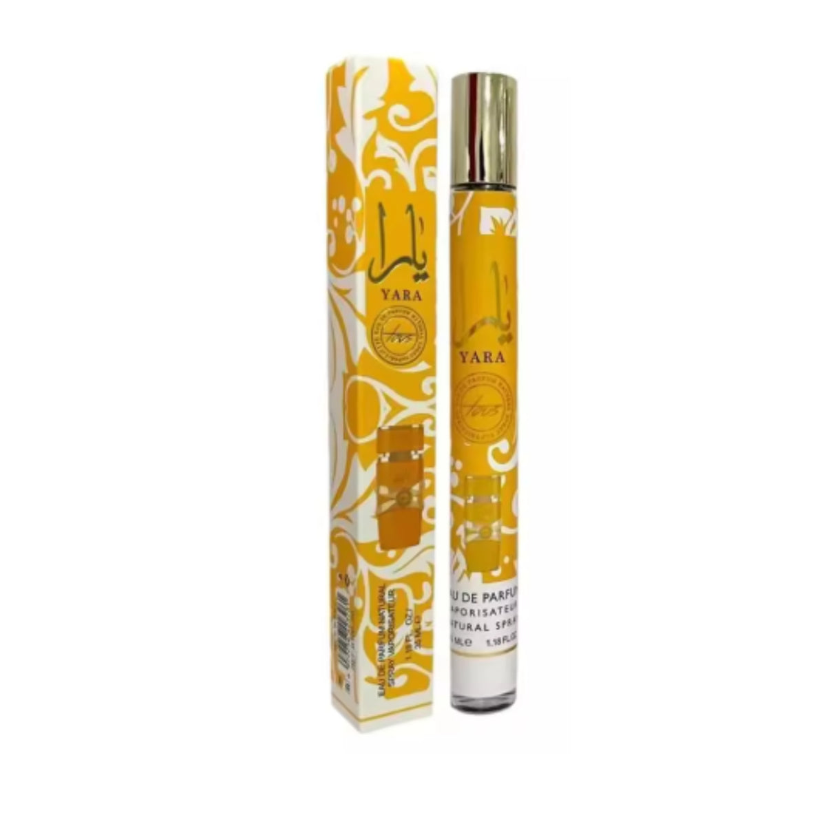 Yara Tous Eau de Parfum travel spray 1.18 oz 35 mL bottle and box on white background