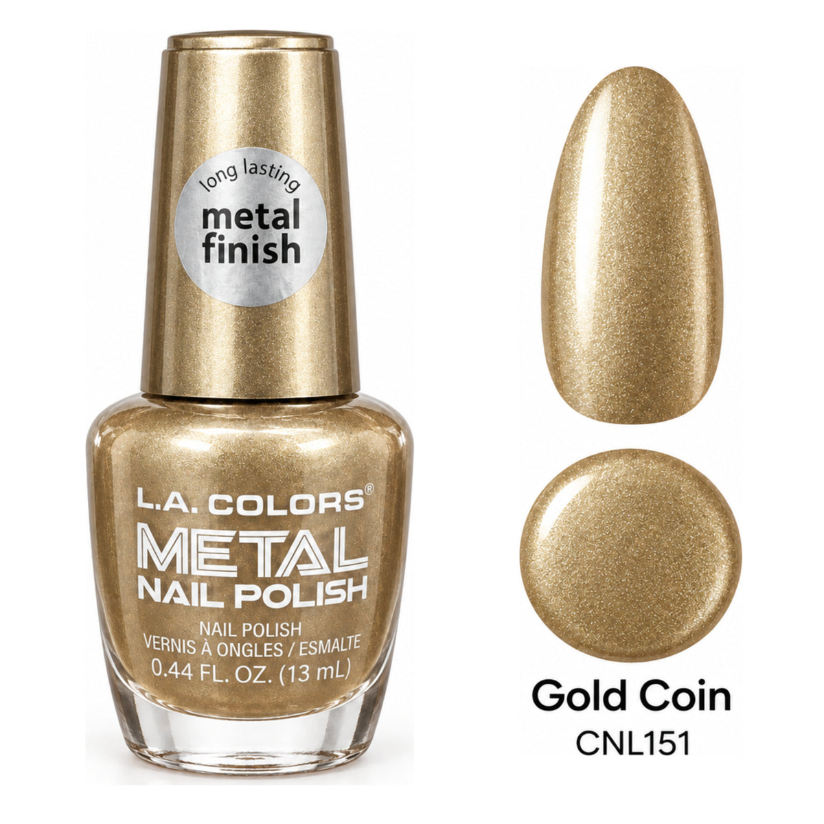 L.A. COLORS Metal Nail Polish Gold Coin – CNL151 with matching metallic nail swatch and color dot