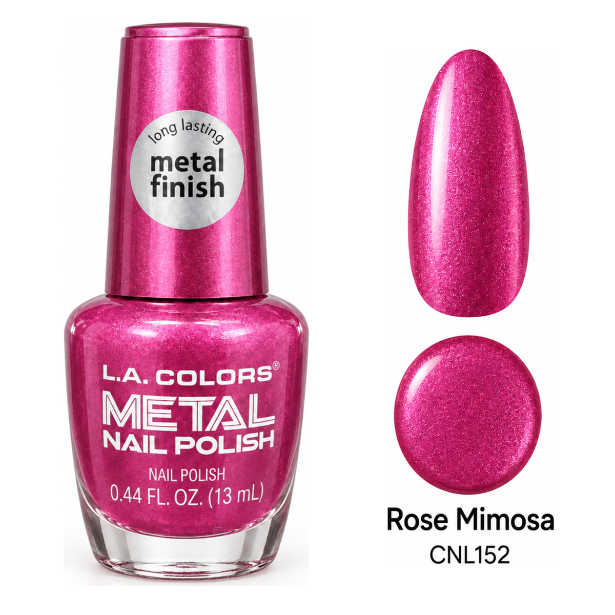 L.A. COLORS Metal Nail Polish Rose Mimosa – CNL152 with matching metallic nail swatch and color dot