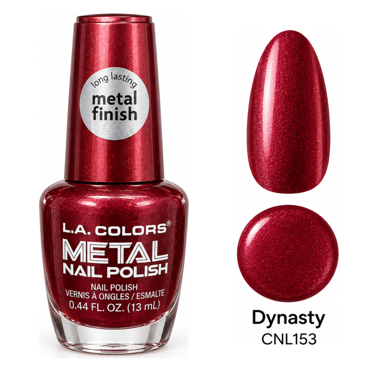 L.A. COLORS Metal Nail Polish Dynasty – CNL153 with matching metallic nail swatch and color dot