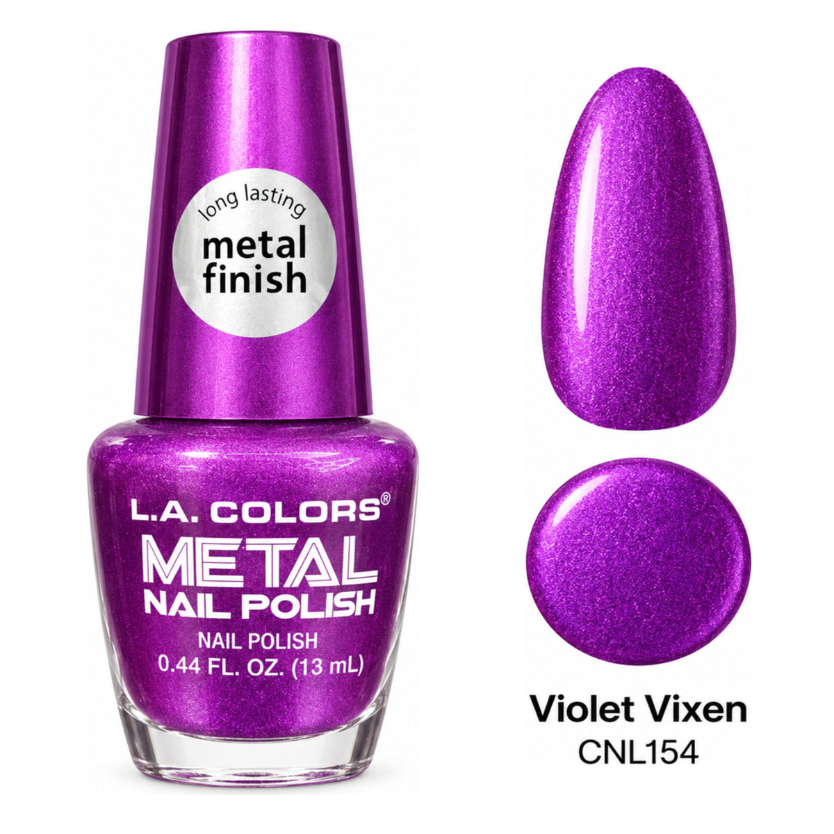 L.A. COLORS Metal Nail Polish Violet Vixen – CNL154 with matching metallic nail swatch and color dot