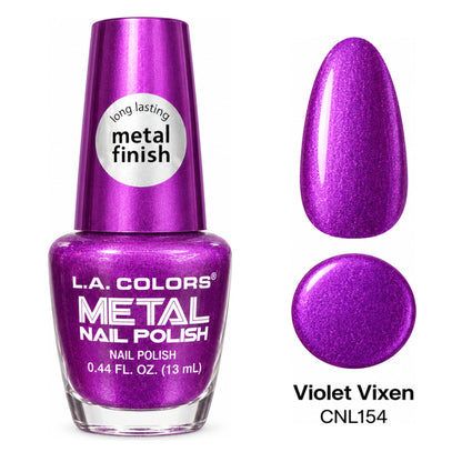 L.A. COLORS Metal Nail Polish Violet Vixen – CNL154 with matching metallic nail swatch and color dot