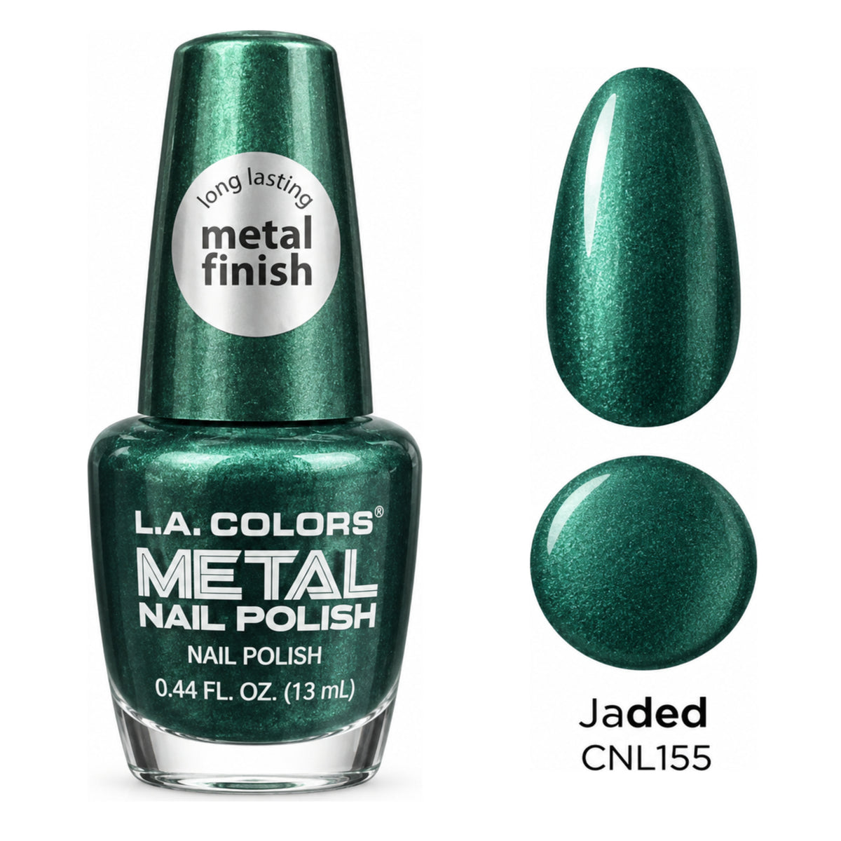 L.A. COLORS Metal Nail Polish Jaded – CNL155 with matching metallic nail swatch and color dot