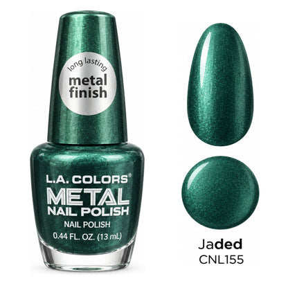 L.A. COLORS Metal Nail Polish Jaded – CNL155 with matching metallic nail swatch and color dot