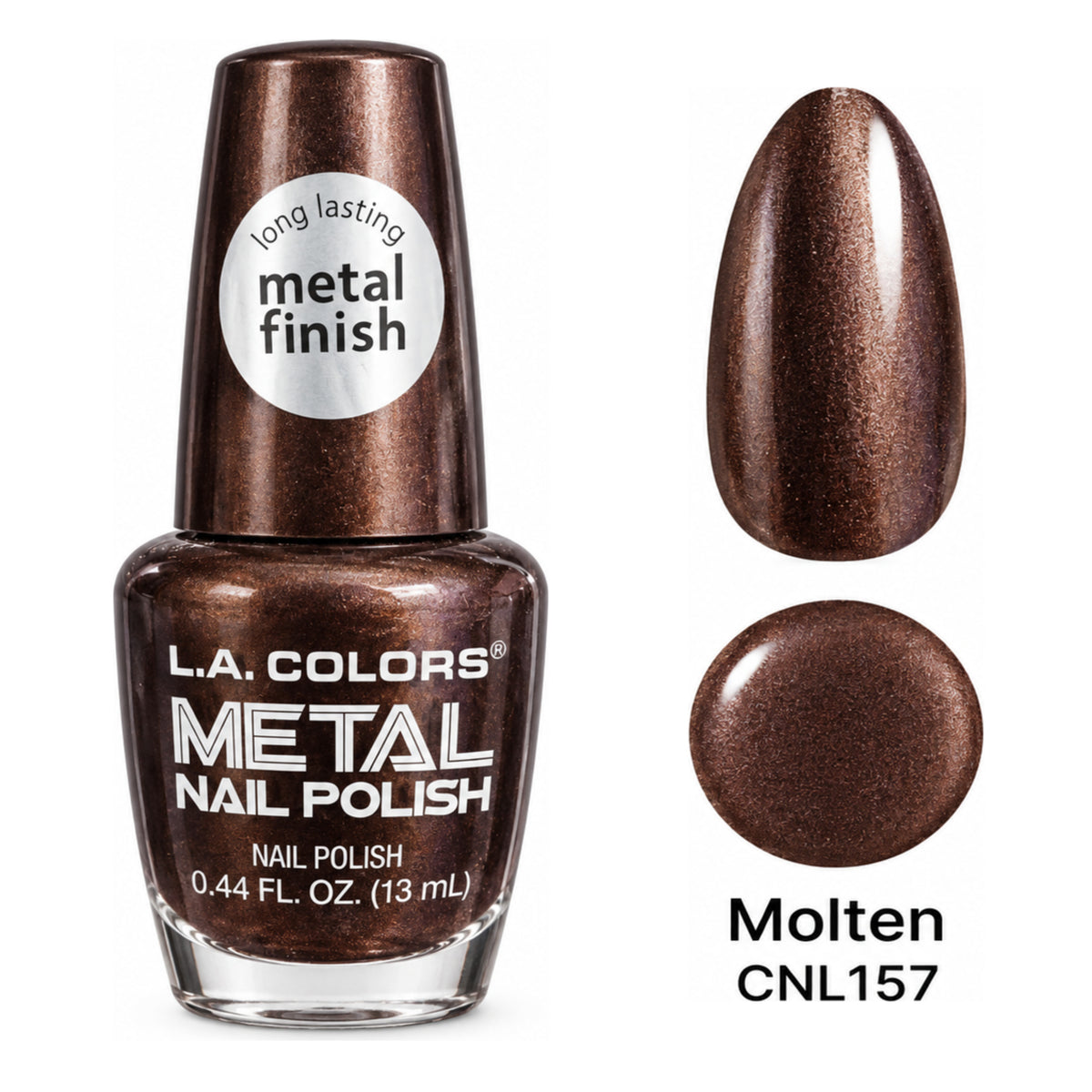 L.A. COLORS Metal Nail Polish Molten – CNL157 with matching metallic nail swatch and color dot