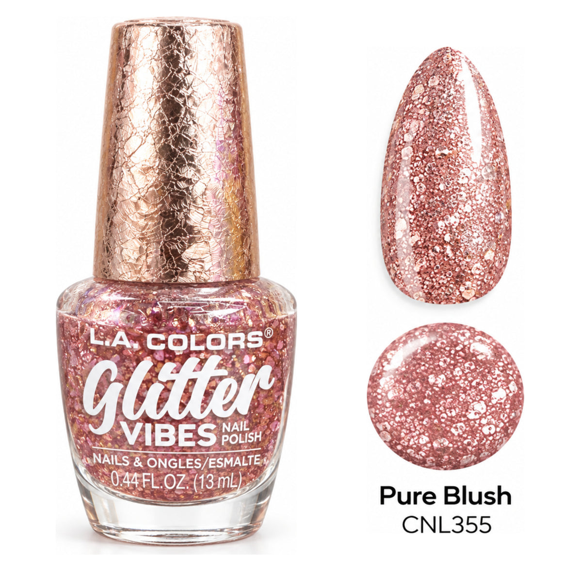 L.A. COLORS Glitter Vibes Pure Blush CNL355 with matching nail swatch and color dot
