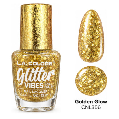 L.A. COLORS Glitter Vibes Golden Glow CNL356 with matching nail swatch and color dot
