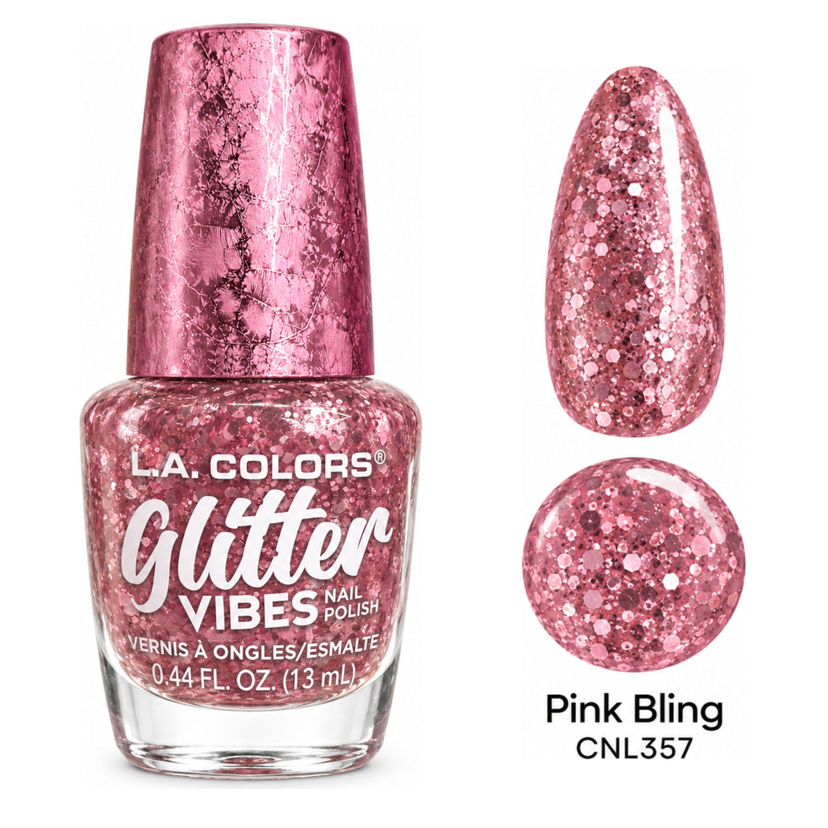 L.A. COLORS Glitter Vibes Pink Bling CNL357 with matching nail swatch and color dot