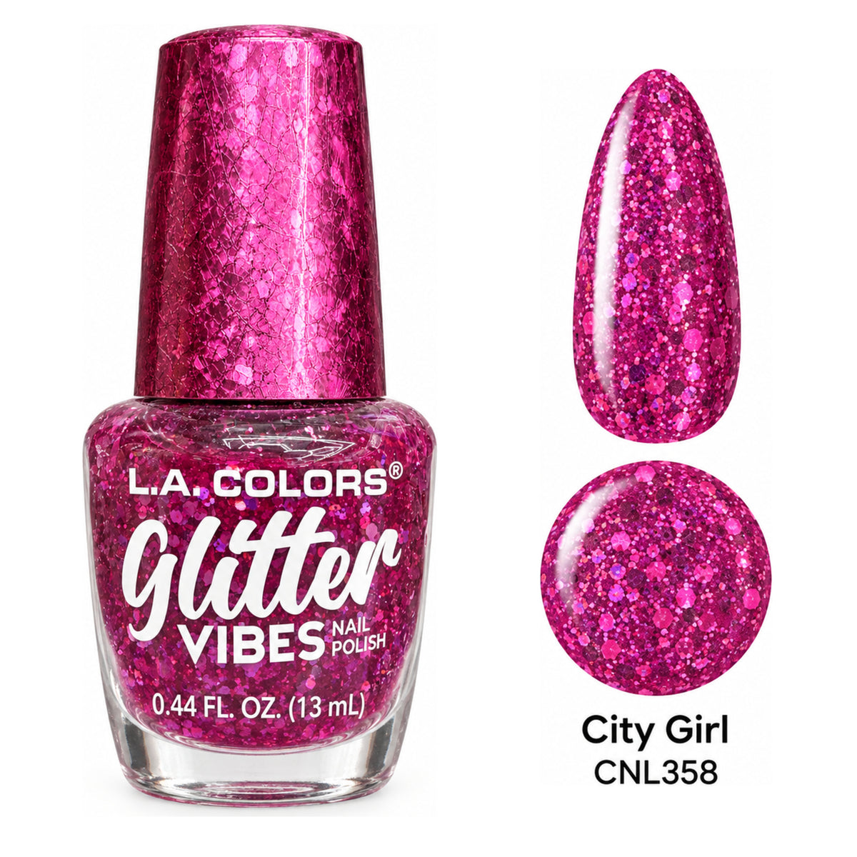 L.A. COLORS Glitter Vibes City Girl CNL358 with matching nail swatch and color dot