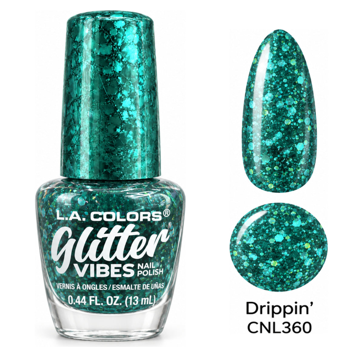 L.A. COLORS Glitter Vibes Drippin' CNL360 with matching nail swatch and color dot