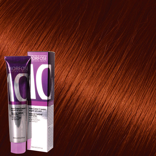 Morfose 10 Hair Color Cream shade 7.44 Intense Copper, 100 mL box and tube on matching hair-color swatch