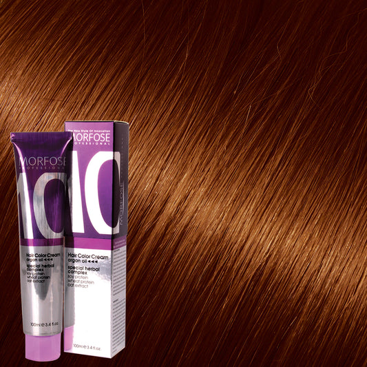 Morfose 10 Hair Color Cream shade 7.34 Light Copper Brown, 100 mL box and tube on matching hair-color swatch