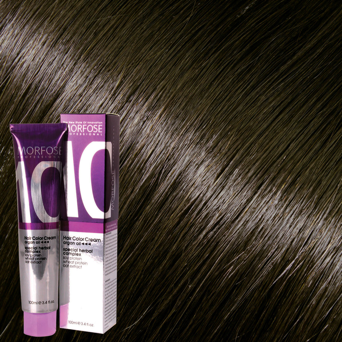 Morfose 10 Hair Color Cream shade 6S Intense Dark Blonde, 100 mL box and tube on matching hair-color swatch