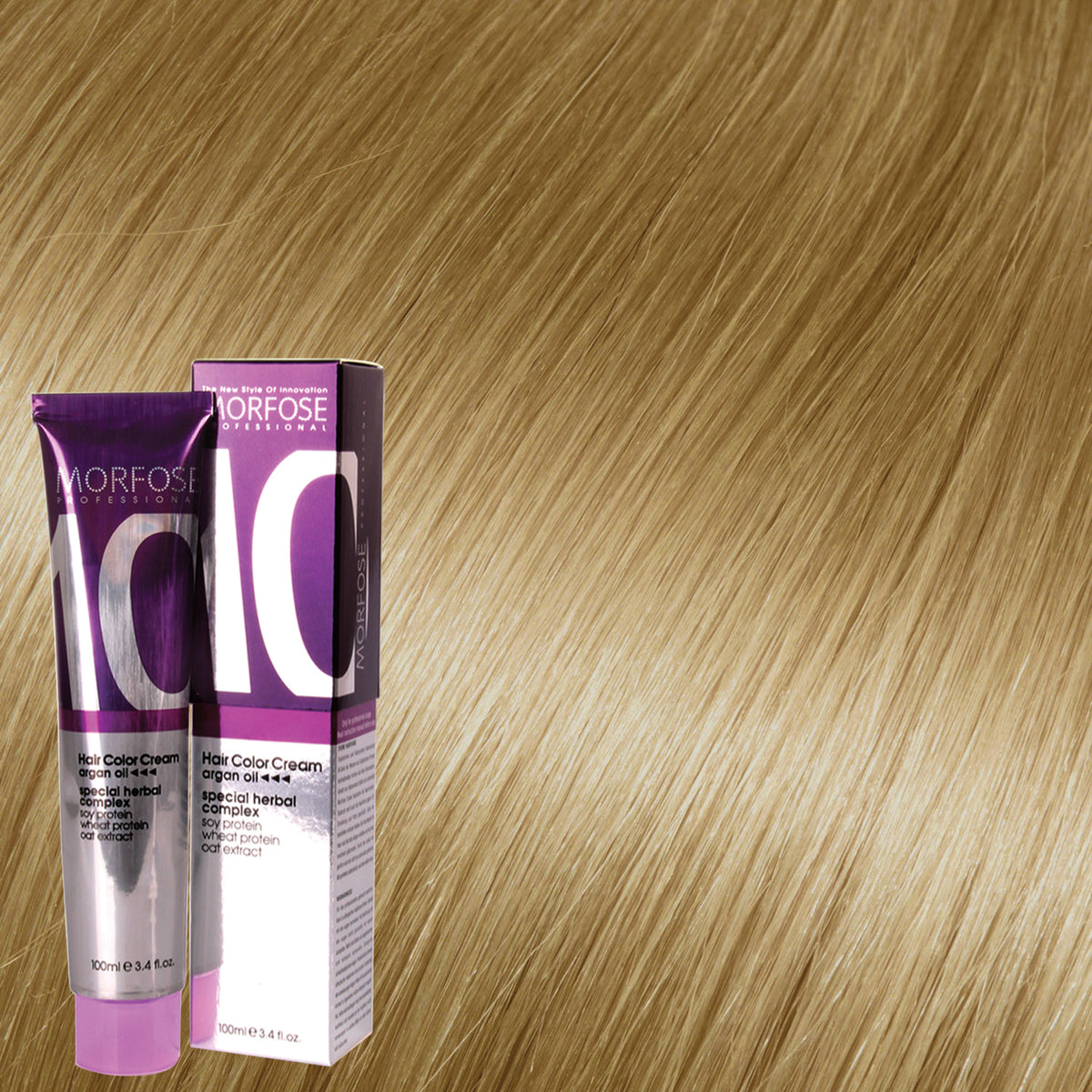 Morfose 10 Hair Color Cream shade 10.0 Platinum Blonde, 100 mL box and tube on matching hair-color swatch