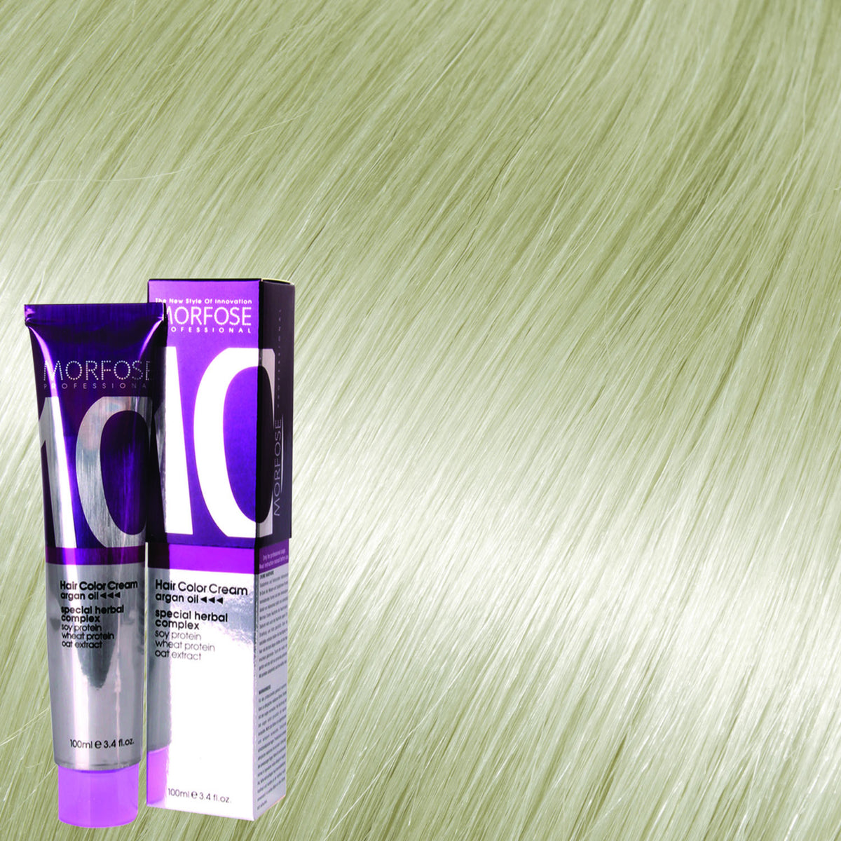 Morfose 10 Hair Color Cream shade 12.0 Extra Platinum Blonde, 100 mL box and tube on matching hair-color swatch