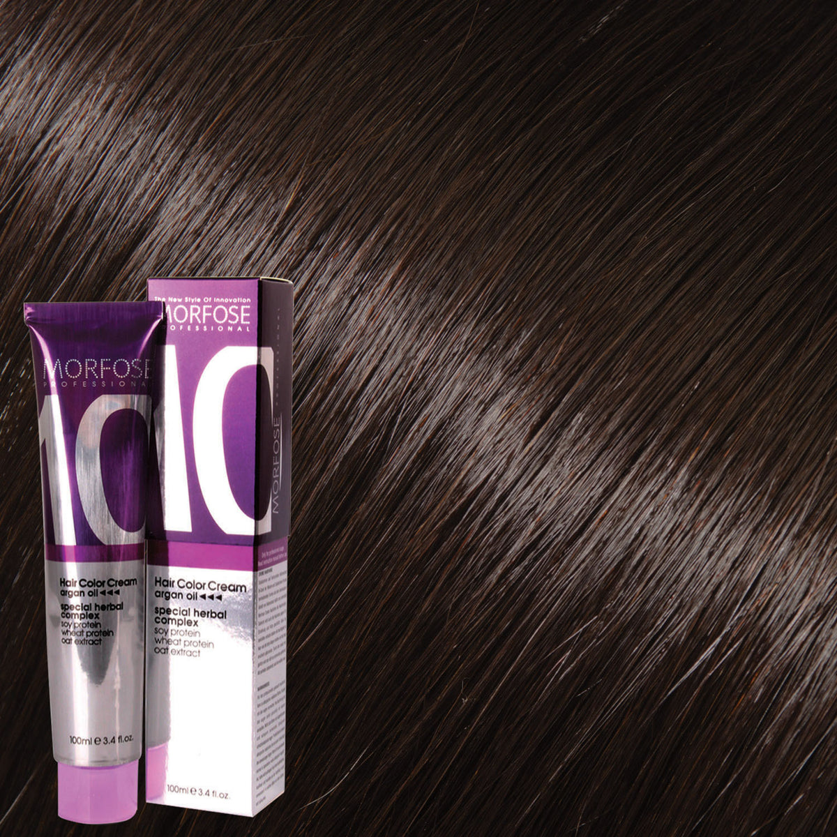 Morfose 10 Hair Color Cream shade 5.0 Light Brown, 100 mL box and tube on matching hair-color swatch