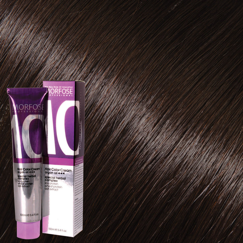 Morfose 10 Hair Color Cream shade 5.0 Light Brown, 100 mL box and tube on matching hair-color swatch