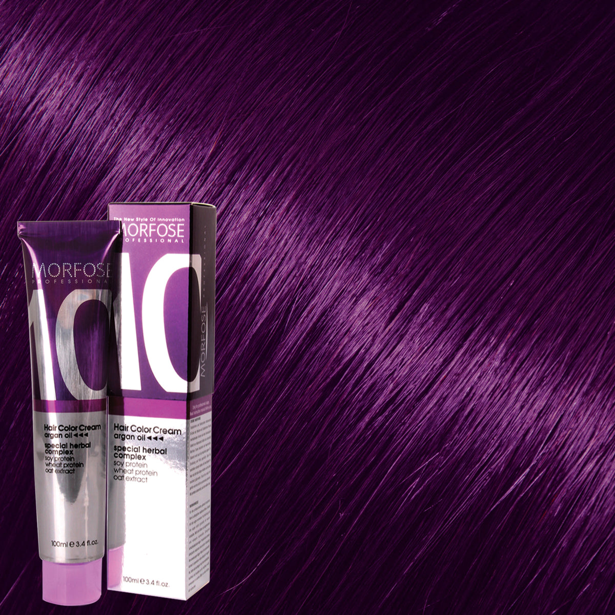 Morfose 10 Hair Color Cream shade 7.22 Light Violet, 100 mL box and tube on matching hair-color swatch