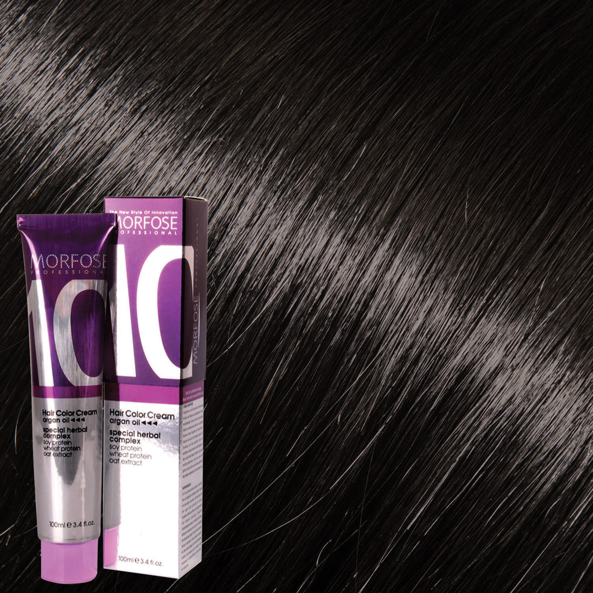 Morfose 10 Hair Color Cream shade 3.0 Dark Brown, 100 mL box and tube on matching hair-color swatch