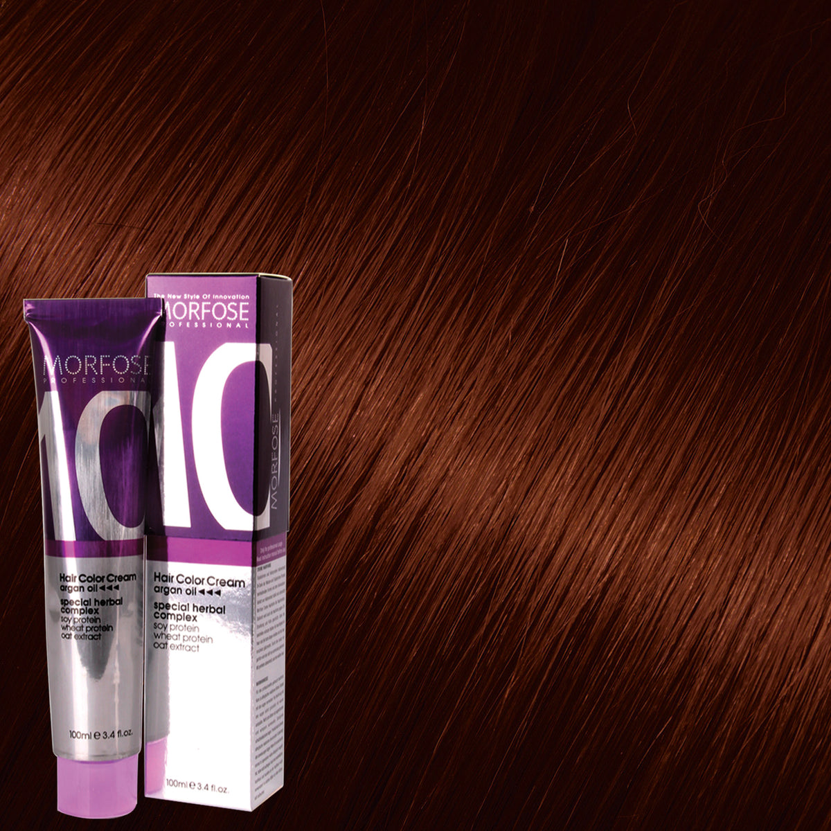 Morfose 10 Hair Color Cream shade 6.4 Dark Copper, 100 mL box and tube on matching hair-color swatch
