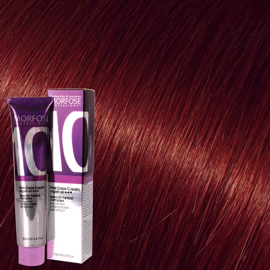 Morfose 10 Hair Color Cream shade 7.6 Fire Red, 100 mL box and tube on matching hair-color swatch