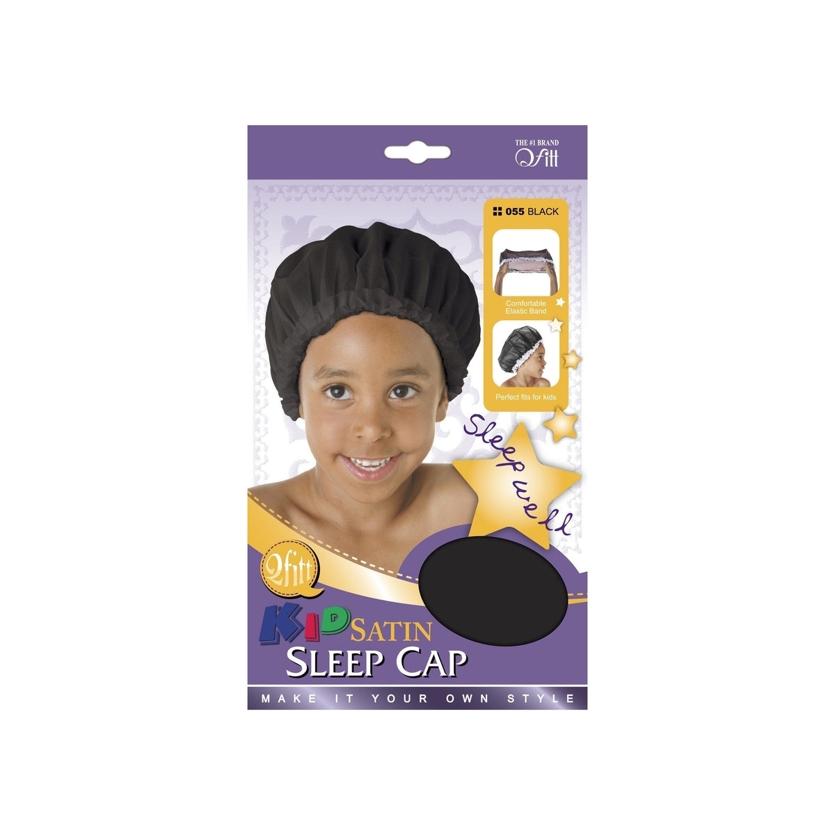 Qfitt Kids satin sleep cap in black, style 055 package