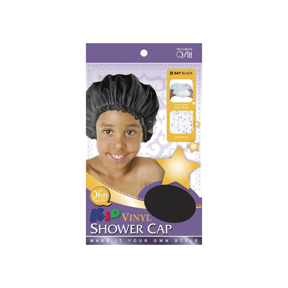 Qfitt Kids waterproof vinyl shower cap in black, style 547 package