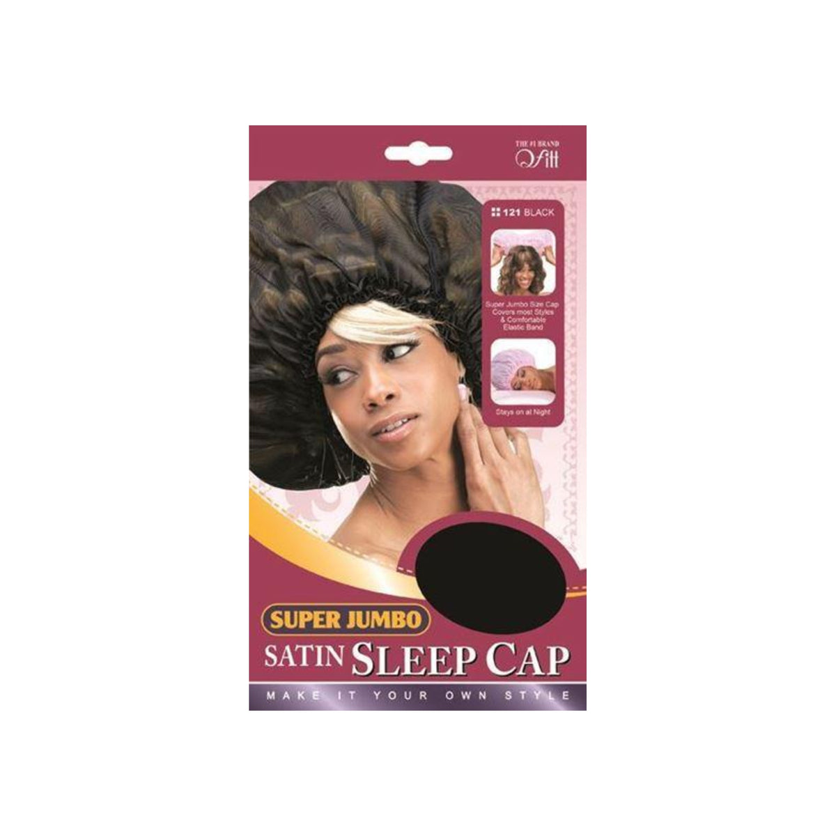 Qfitt Super Jumbo satin sleep cap in black, style 121 package