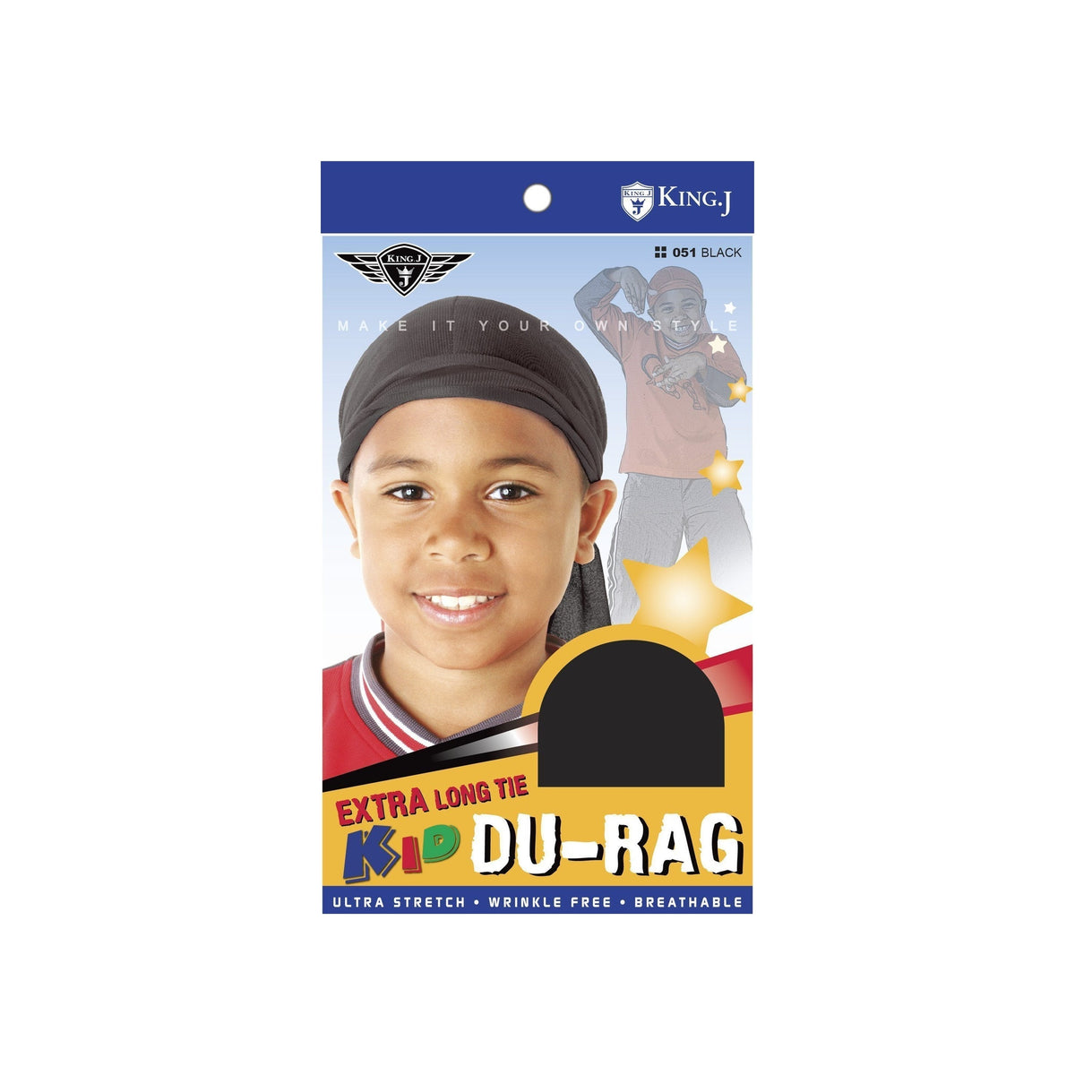 Qfitt Kids extra-long-tie durag in black, style 051 package