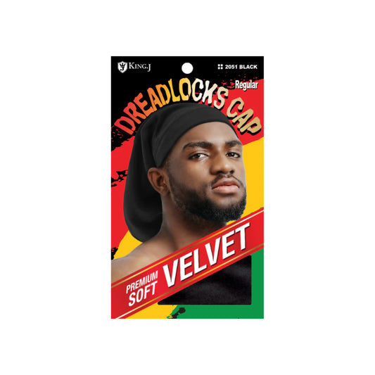 King J premium soft velvet dreadlock cap in black, style 2051 package