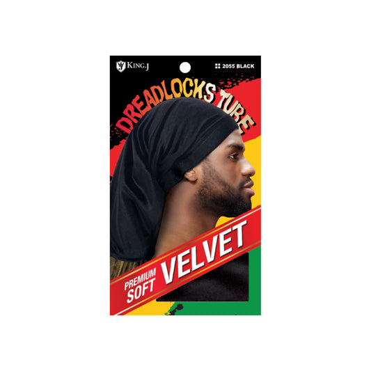 King J premium soft velvet dreadlock tube in black, style 2055 package