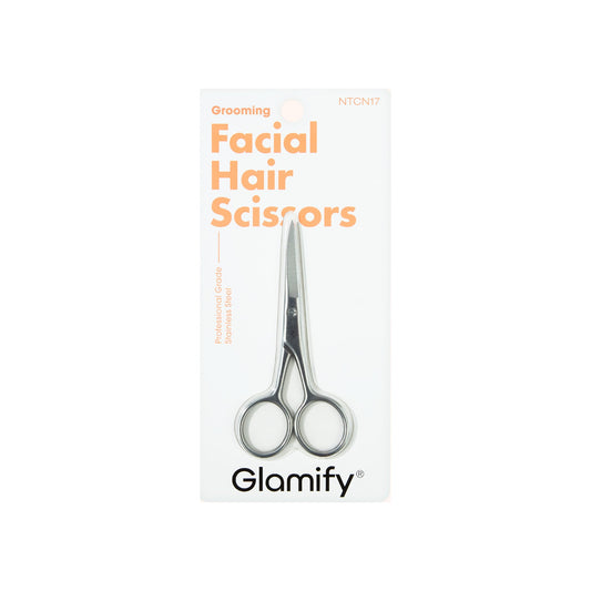 Glamify stainless steel facial hair scissors in retail package, model NTCN17