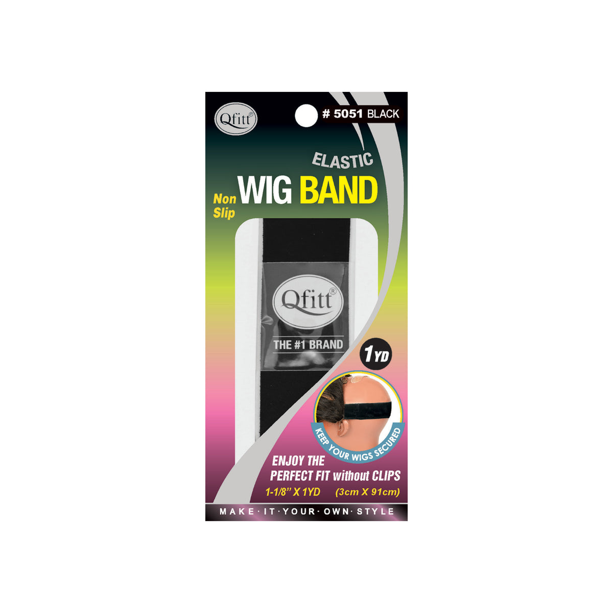 Qfitt black elastic wig band 1 1/8 inch by 1 yard in retail package, model 5051