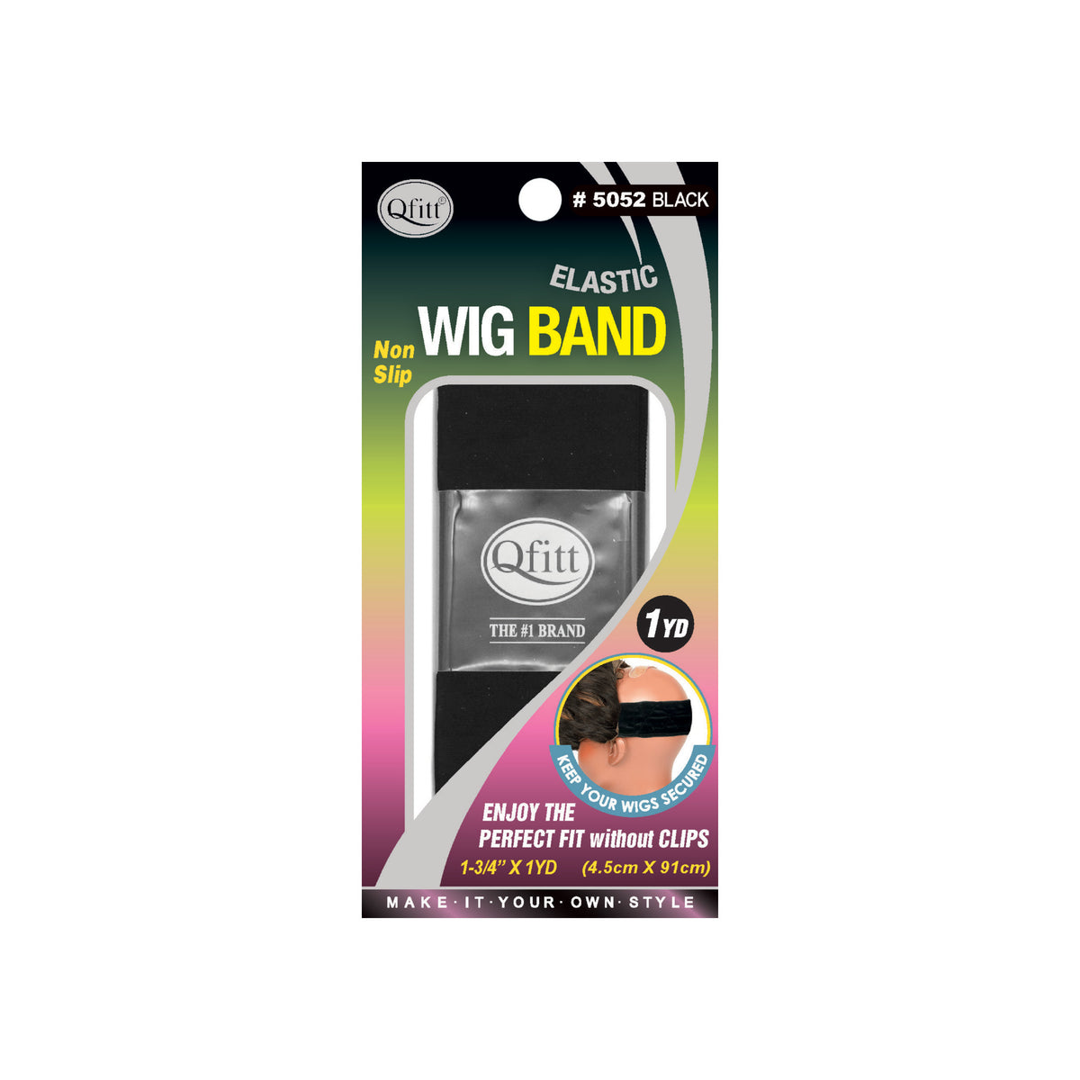Qfitt black elastic wig band 1 3/4 inch by 1 yard in retail package, model 5052