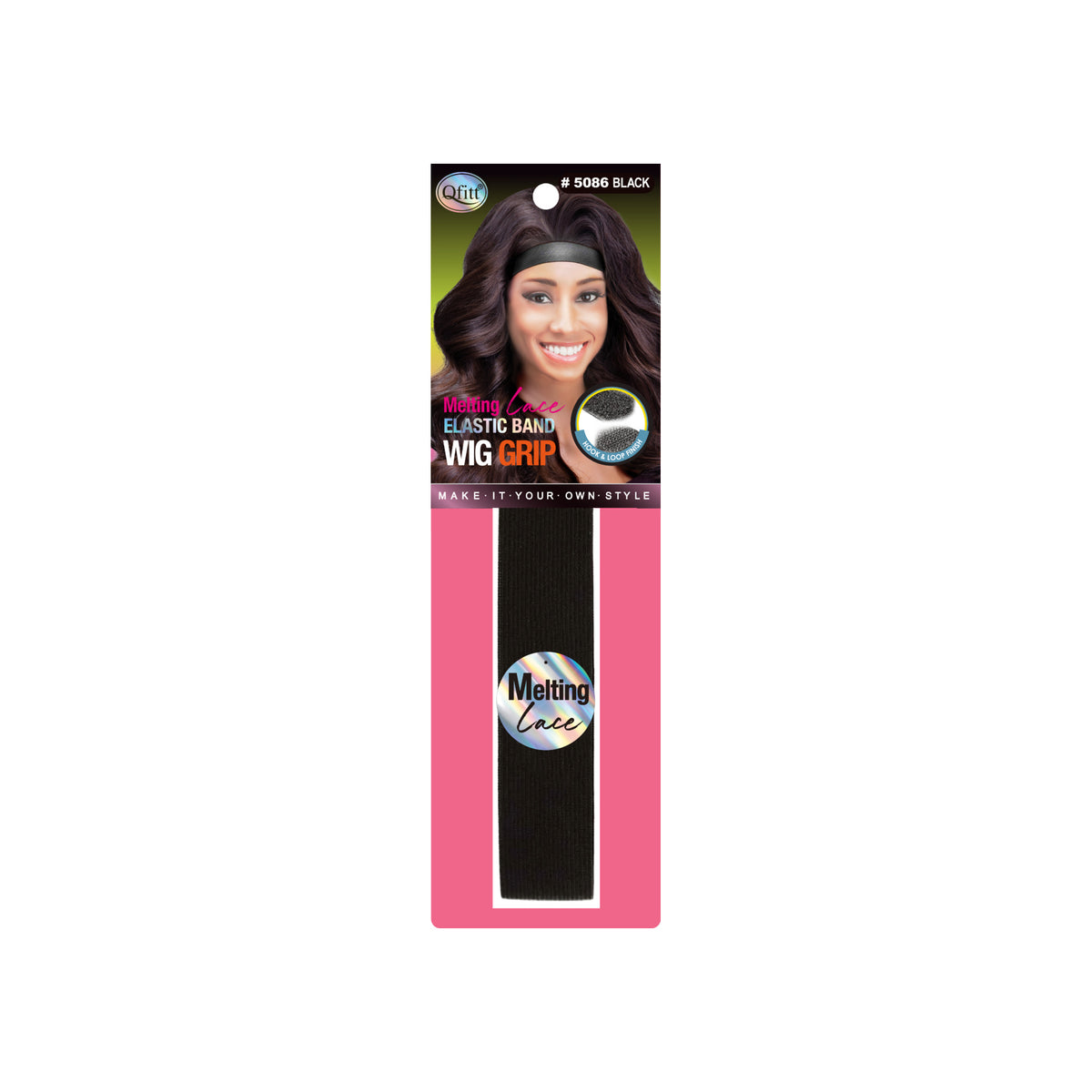 Qfitt Melting Lace Elastic Wig Grip black 1 1/8 inch by 22 inch retail package, model 5086