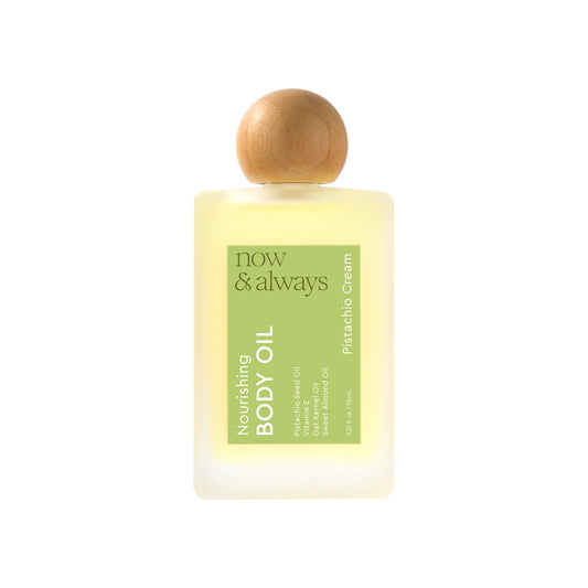 Nicka K New York Now & Always Pistachio Cream body oil bottle, 95 mL