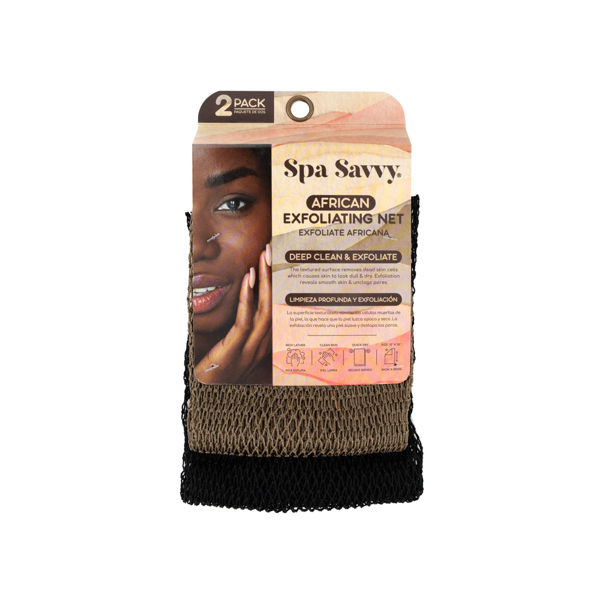 Spa Savvy brown and black African exfoliating bath nets, two pack